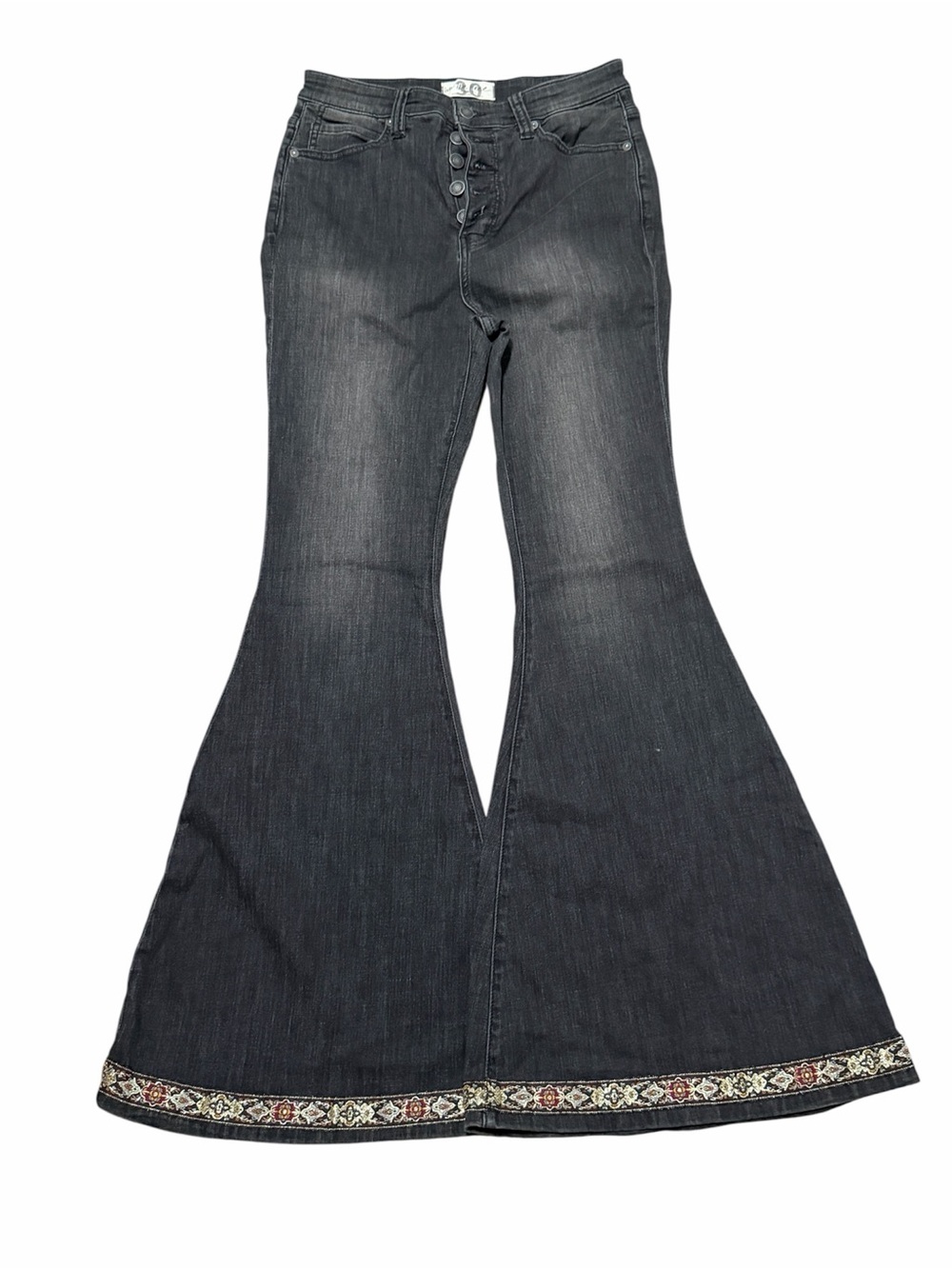We The Free Slate Black Embellished Hem Bell Bottom Wide Flare Jeans Women